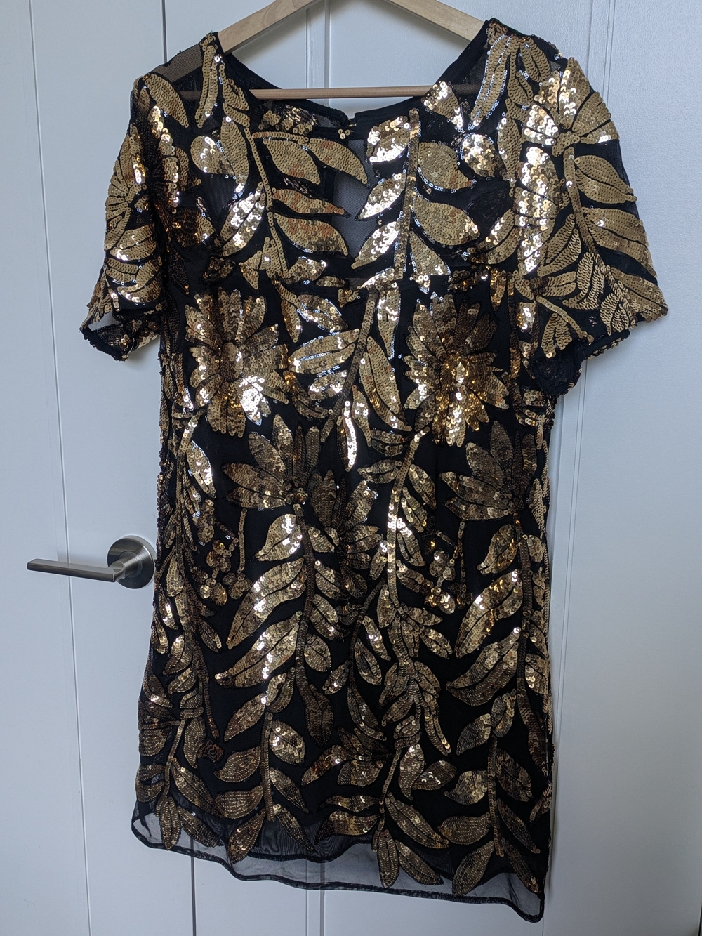 Anthropologie Black Mini Dress with Gold Sequin Leaf Embroidery
